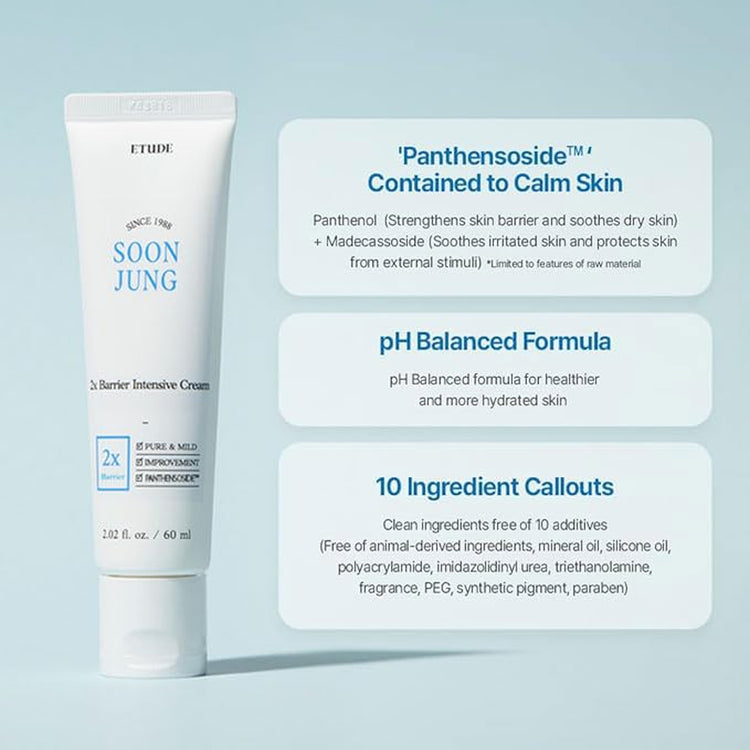 Soonjung 2X Intensive Cream for Barrier Repair, Rich Moist, Madecassoside & Panthenol for Soothing, Face Moisturizer for Sensitive Skin, Ph Balanced, Hypoallergenic, Korean Skin Care,2.02 Fl Oz