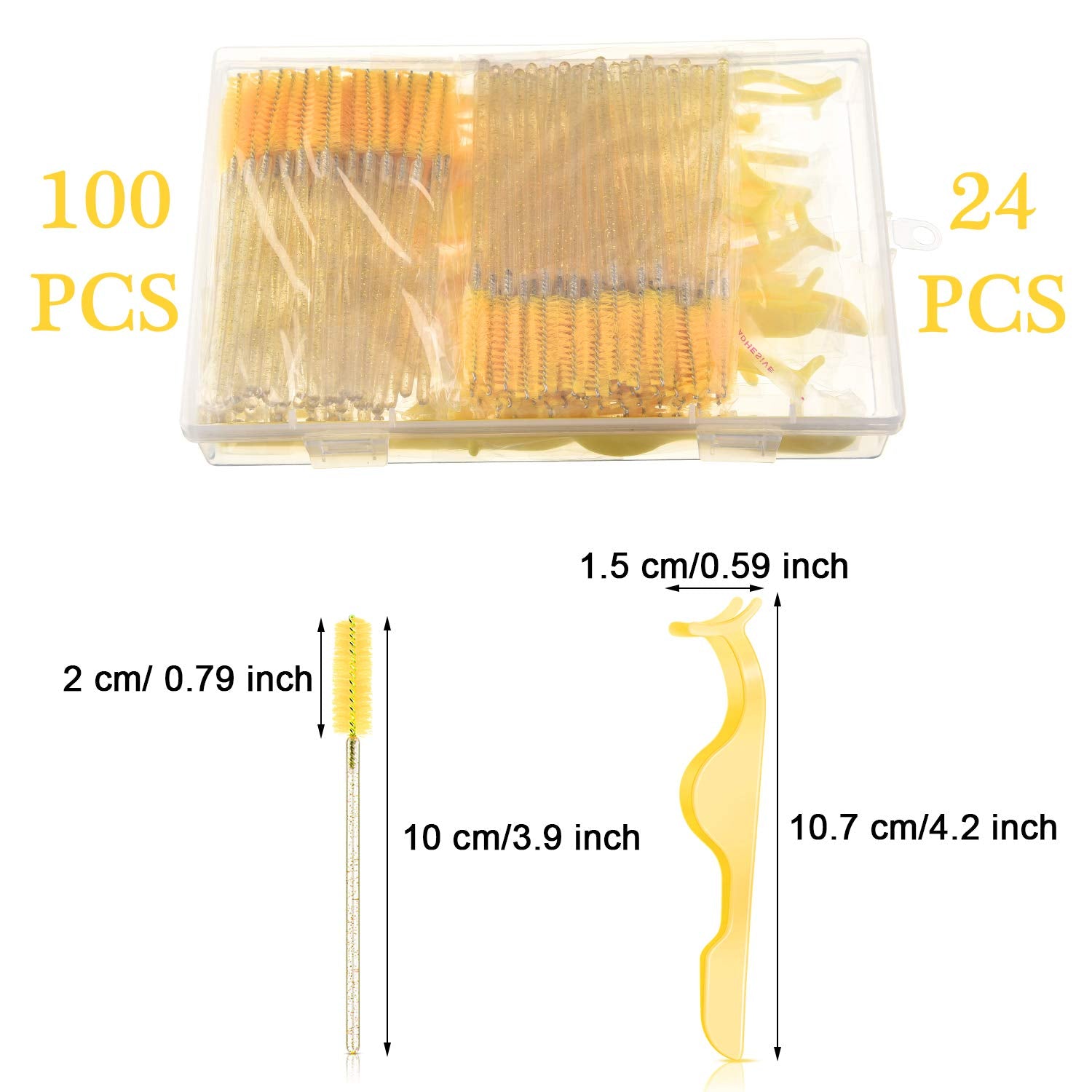 24 Pieces Plastic Eyelash Extension Tweezers Applicator Tool Auxiliary Clip and 100 Pieces Eyelash Brush Mascara Wands for Application(Yellow)